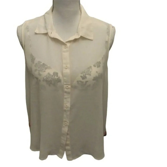 SAN SOUCI WOMEN'S Cream SLEEVELESS Hi-Lo Button Down BLOUSE SIZE LARGE TWO TONE - Picture 1 of 6